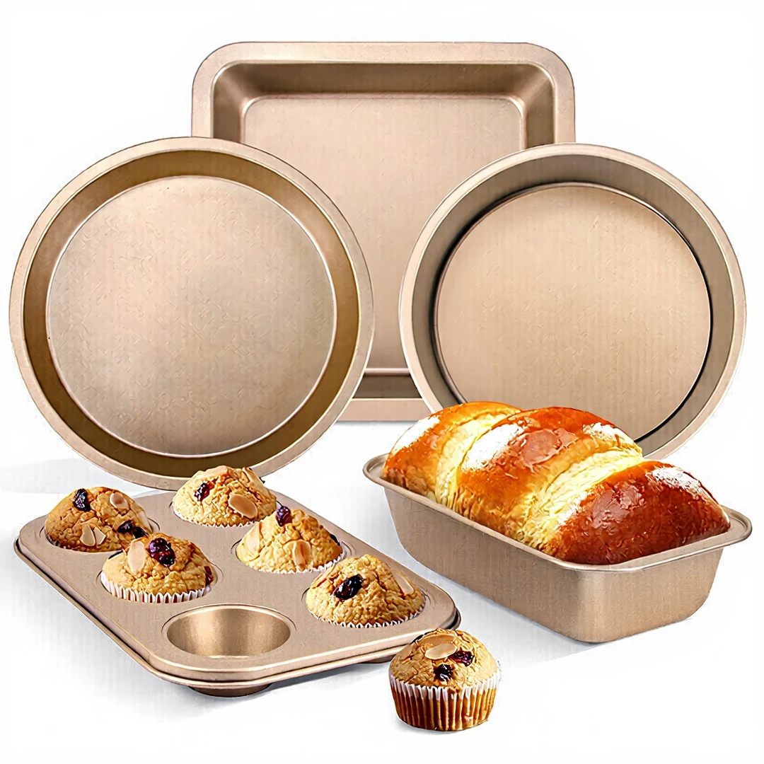 BJ Baking Tool Cake Mold Complete Set van Pizza Plate, Toast Mold, Mafen Cake Oven Mold, Gouden 5-delige Set