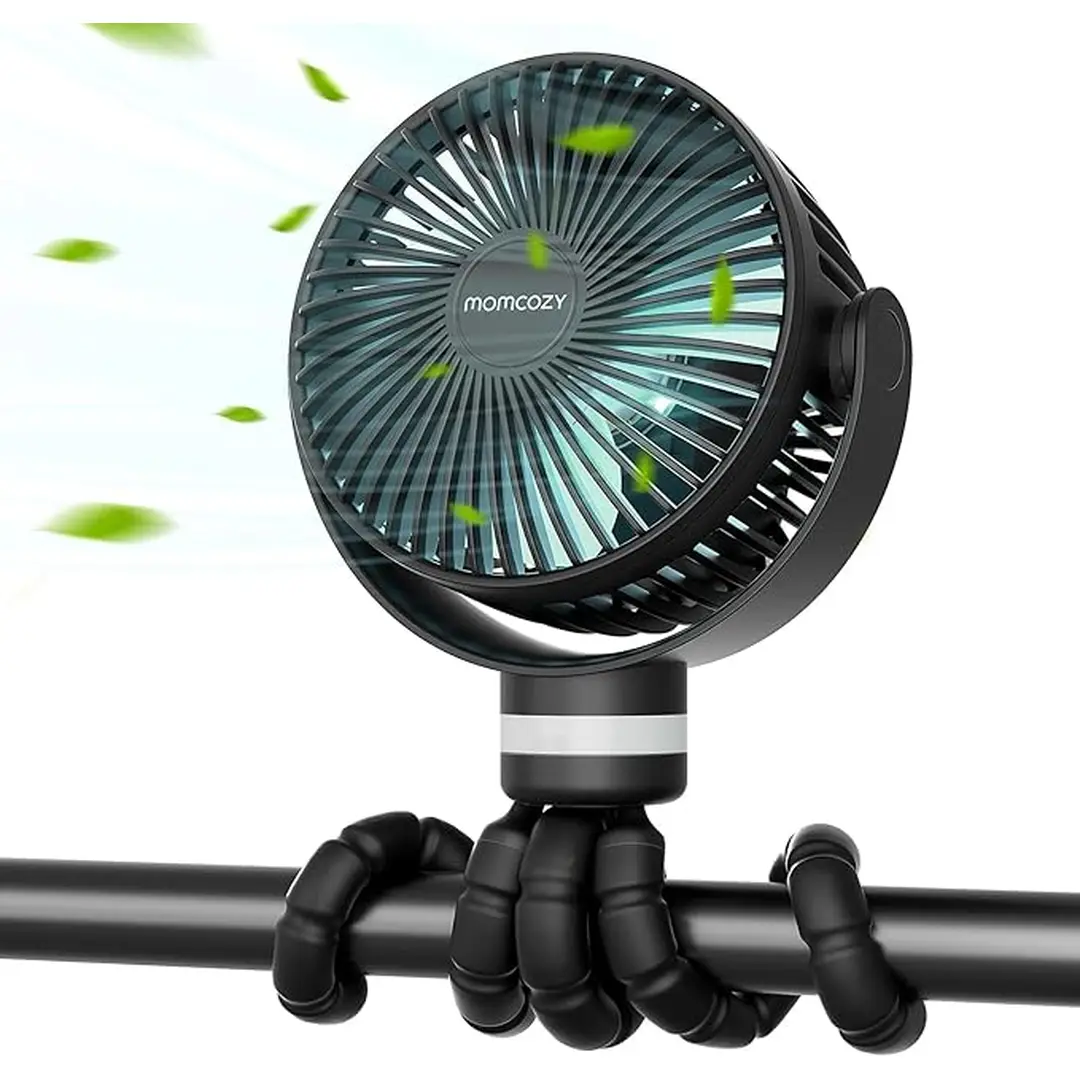 Momcozy Portable Pram Fan, 8000mAh, 27H Battery, Detachable 4-Speed 360° Rotate, LED Light, USB Rechargeable, Black, Single Unit