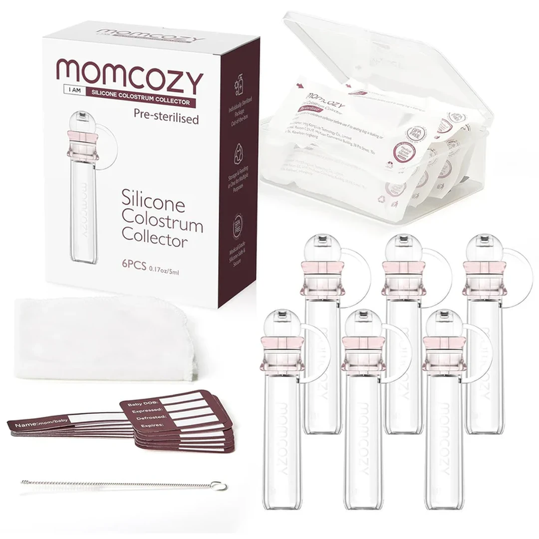 Momcozy Colostrum Collector Set, Reusable BPA-Free 5ml Containers (6-Pack) with Storage Case & Cotton Wipes