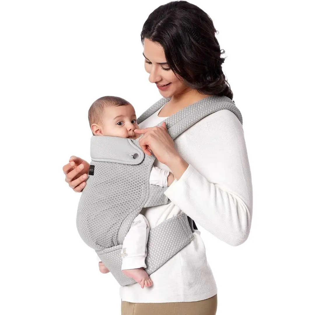 Momcozy Air Mesh Baby Carrier - Ergonomic, Lightweight Infant Carrier with Enhanced Lumbar Support for 7-44 lbs - Hands-Free Comfort in Grey