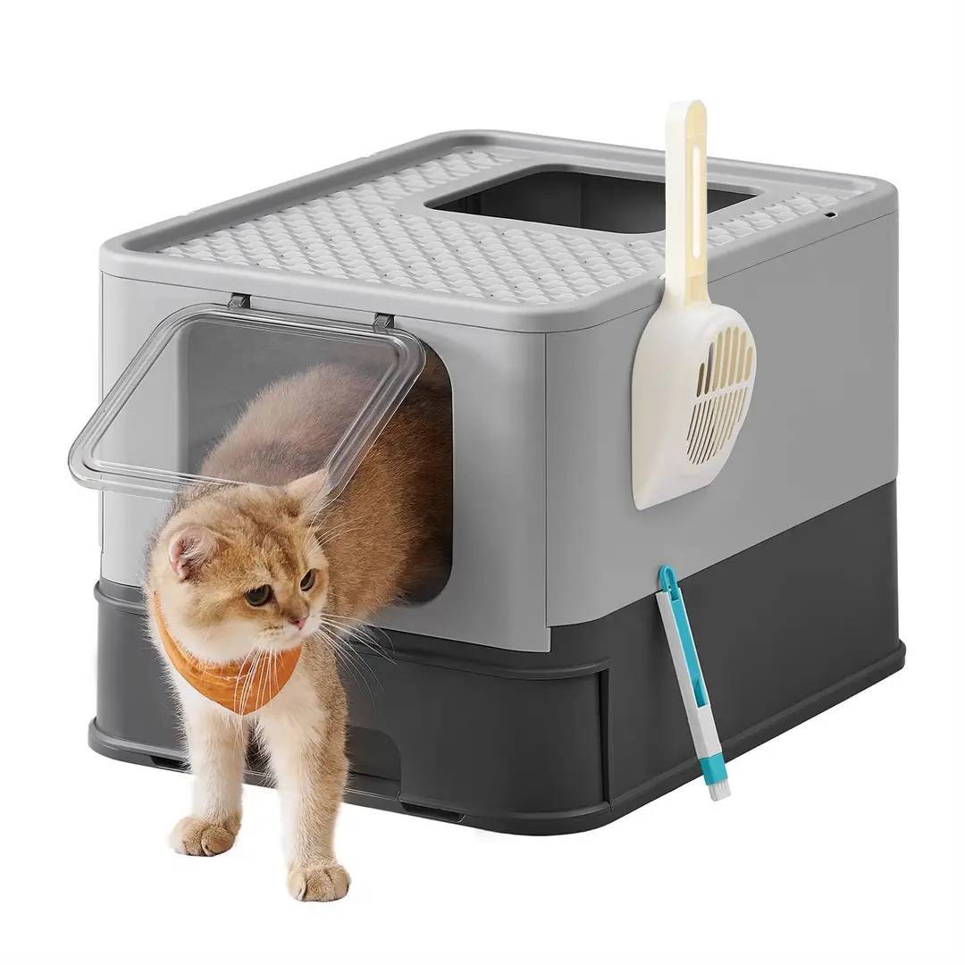 FEANDREA Foldable Pull-out Cat Litter Box, 54.3×42.5×37.8cm, Charcoal Grey and Dove Grey