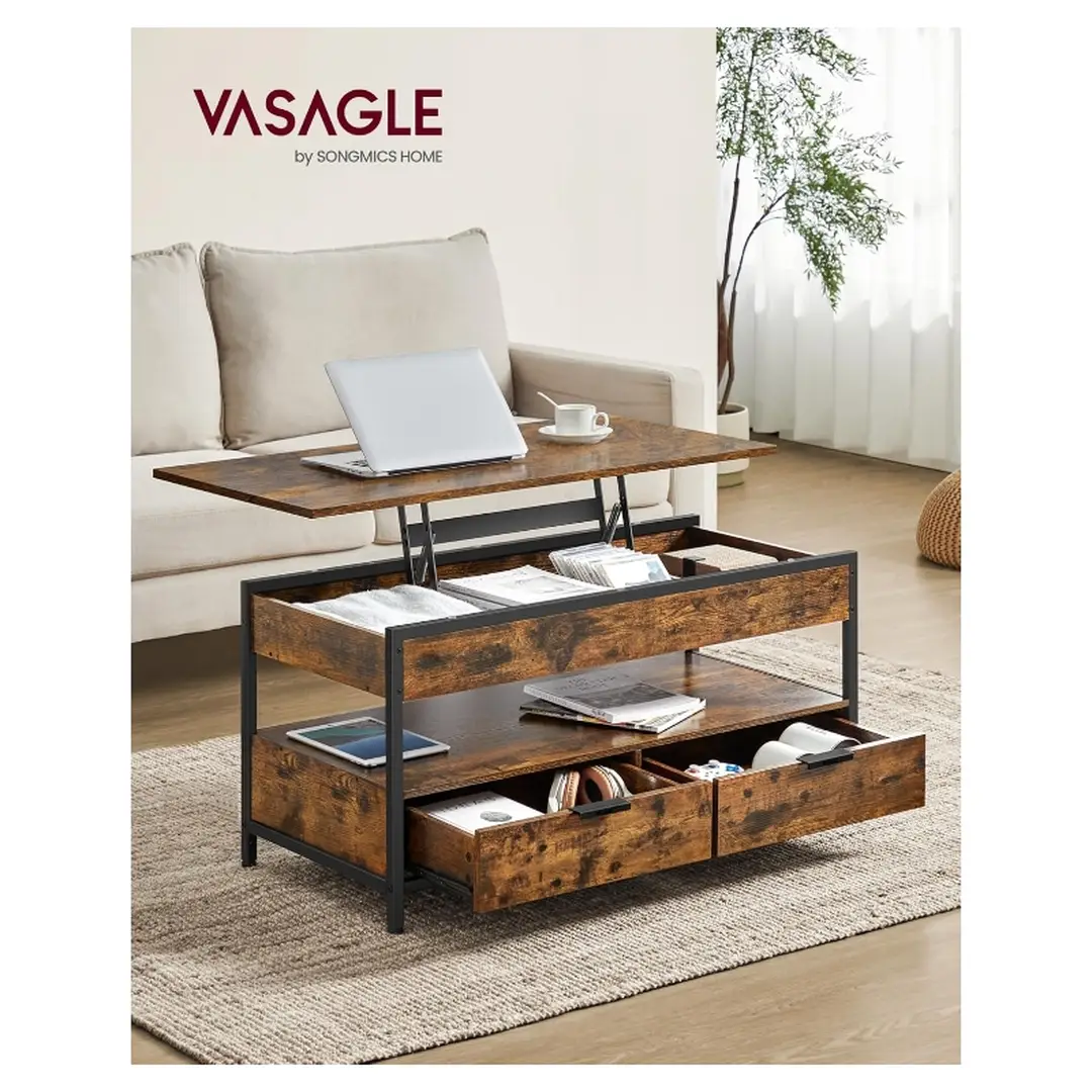 VASAGLE Hochfahrbarer Couchtisch mit Schubladen Versteckte Fächer Offenem Regal Rustikal Braun