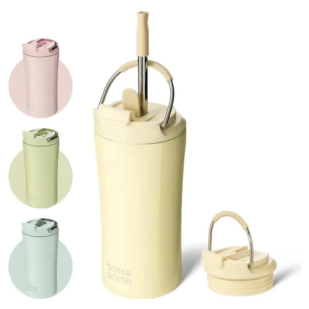 Bottle Bottle Reisdrinkbeker 12 oz met dubbelzijdig deksel en dubbele wand, ijs en koffie, met handvat (geel), Nieuwjaarsverkoop, top cadeauopties
