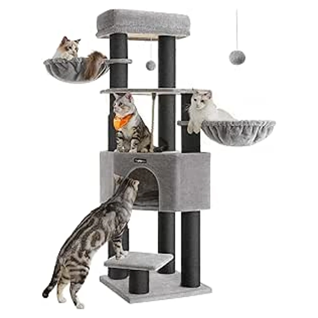 Feandrea extra robuuste kattenpaal 50 x 50 x 160 cm met zelfverwarmende kattenpads, grijs/zwart