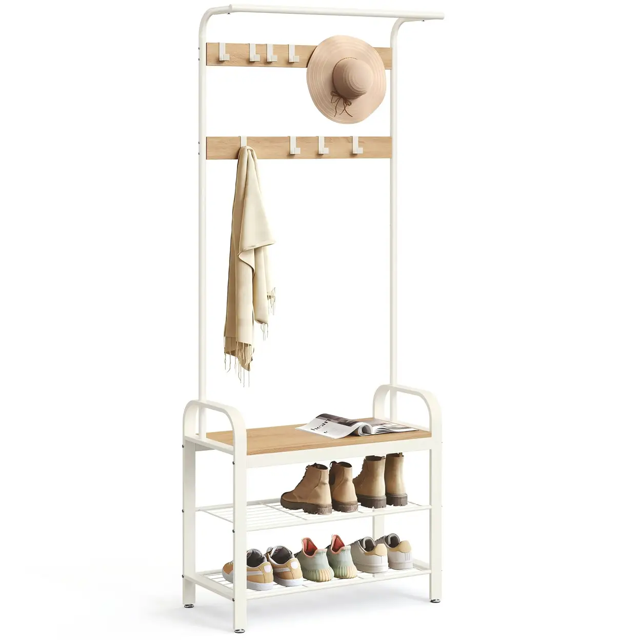 Coat Rack Frame JOYFURNOS Hallway Coat Rack Bench 2 Shoe Shelves Oak Effect/Cream ...