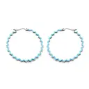 45mm Silver Tone Stainless Steel Round Hoop Earrings, Blue Beaded Decorative Circle Hoops image 0