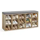 VASAGLE Shoe Bench, 15 Open Storage Compartments, 105x30x48cm, Oak with Blue Grains and Grey image 0