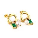 Gold Tone Open Hoop Earrings with Emerald Green CZ and Pearl, Geometric Dangle Studs image 0