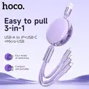 HOCO 3-in-1 Retractable Charging Cable - USB-A to Lightning/ USB-C/ Micro-USB - 1M - Purple image 1