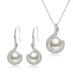 Ever Faith Wedding Bridal 925 Sliver CZ Freshwater Pearl Fully-Jewelled Pendant Necklace Dangle Hook Earrings Set, Valentines/Birthday/Christmas/Mother's Day Jewellery Set Gift for Mom/Wife/Women