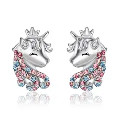 Unicorn Earrings for Girls, 925 Sterling Silver CZ Lucky Unicorn Stud Earrings Birthday Christmas Jewellery Gifts for Daughter Granddaughter