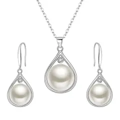 Ever Faith 925 Sliver CZ Freshwater Pearl Teardrop Pendant Necklace Dangle Hook Earrings Set for Wedding Bridal, Valentines/Birthday/Christmas/Mother's Day Jewellery Gift for Mom/Wife/Women