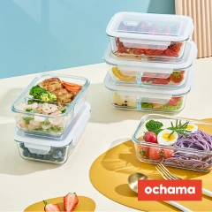 ochama Glass Food Container Set of 3 (1000ml + 840ml + Insulated Bag)