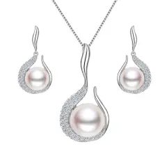 Ever Faith 925 Sterling Silver CZ AAA Freshwater Cultured Pearl Flower Bud Necklace Earrings Set