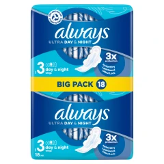 Always Ultra Day & Night Sanitary Towels (Size 3) Wings 18 Pads