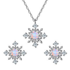 Ever Faith Created Opal Snowflake Jewelry Set, 925 Sterling Silver CZ, Round Opal Genstone Necklace Earrings Set for Winter Party