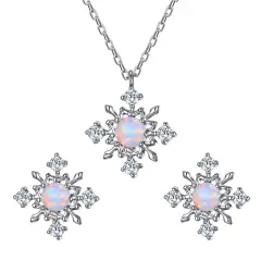 Ever Faith Created Opal Snowflake Jewelry Set, 925 Sterling Silver CZ, Round Opal Genstone Necklace Earrings Set for Winter Party