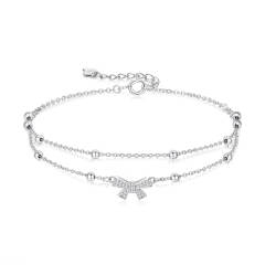 Ever Faith 925 Sterling Silver Layered Bowknot Bracelet Hypoallergenic Sparkly White CZ Tiny Bead Adjustbele Link Chain Jewelry for Women