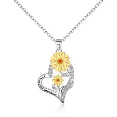 Ever Faith Sunflower Necklace for Women 925 Sterling Silver Cubic Zirconia Delicate Double Heart Jewellery, You are My Sunshine Pendant