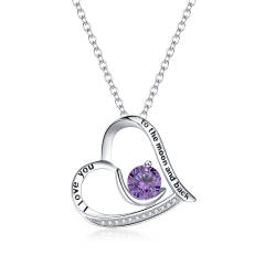 Ever Faith 925 Sterling Silver Love Heart I You to the Moon and Back Engraved Cubic Zirconia Gemstone Pendant Necklace for Women Girls Amethyst Coloured Gem Mother's Day Gift