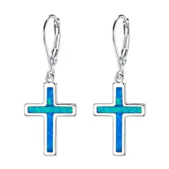 Ever Faith Cross Earrings 925 Sterling Silver Created Opal Dangle Leverback Earring Minimalist Church Jewelry for Women, Girls