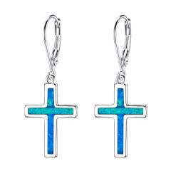 Ever Faith Cross Earrings 925 Sterling Silver Created Opal Dangle Leverback Earring Minimalist Church Jewelry for Women, Girls