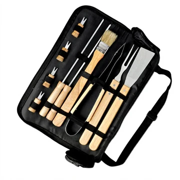 Huacan 11-teiliges Outdoor-Camping-Grillwerkzeug-Set – mit Holzgriff (Gabel, Schaufel, Clip), inklusive Stofftasche