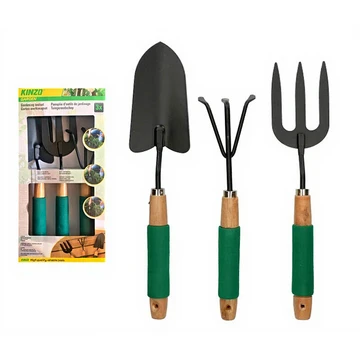 Kinzo 3-teiliges Garten-Set mit Handrechen, Gabel und Handschaufel, Metall mit Holzgriff und Softgriff, Antihaftbeschichtung