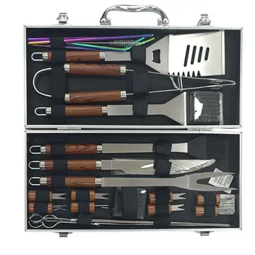 Huacan 23-teiliges Outdoor-Camping-Grillwerkzeug-Set – mit Holzgriff (Gabel, Schaufel, Clip) und Stofftasche, aus Edelstahl