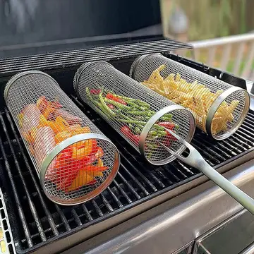 Huacan Edelstahl-Grillkäfig mit Gabel – Outdoor-Zylinder-Grillkorb, geräuchertes Gittertrommel, silber, rollbarer Grill