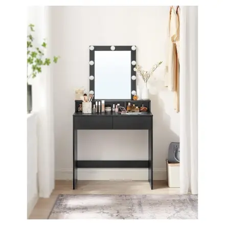 VASAGLE Dressing Table with LED Lighting, Adjustable Brightness, Dressing Table with Mirror, Cosmetic Table with 2 Drawers and 3 Open Compartments, Modern Black
