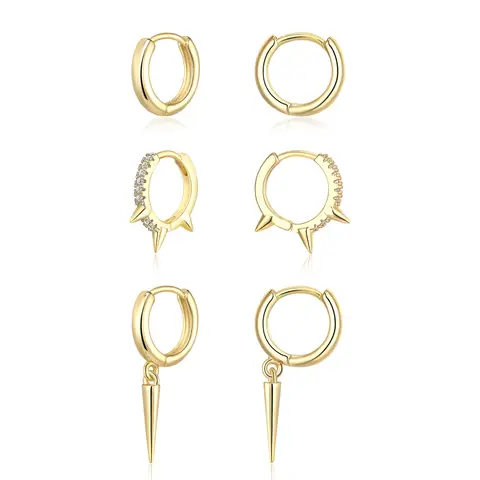 Ever Faith 3 - pair Dangle Huggie Earrings Set Dainty Hoop Stud and Spike Earrings with Cubic Zirconia in Gold Plated