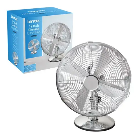 Benross 12-Inch Chrome Desk Fan – 3 Speeds, Oscillation, Retro Design – Chrome, 42299