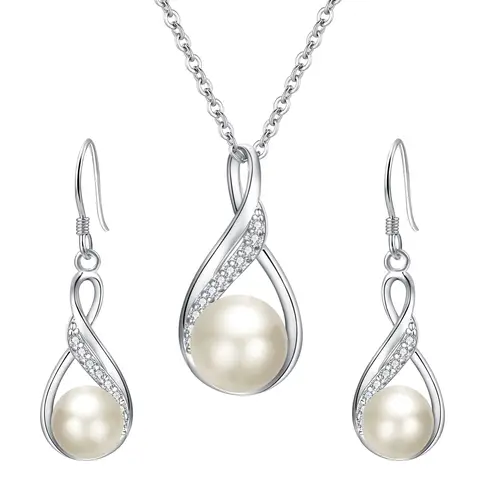 Ever Faith Cubic Zirconia and Freshwater Cultured Pearl Infinity Pendant Necklace and Earrings Set