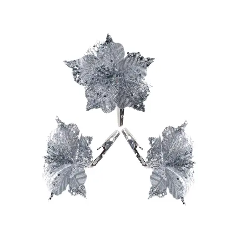 WeRChristmas Artificial Silver Poinsettia Flower with Clip, 3 Pack, 12 cm