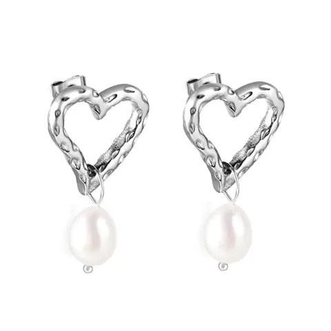 Silver Tone Textured Heart Hoop Earrings with Pearl Dangle, Polished Steel Heart Studs