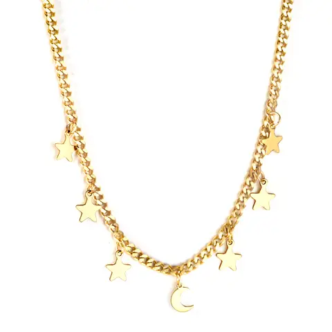 Star and Moon Charm Station Necklace, 6 Celestial Pendants, 40+5cm Gold