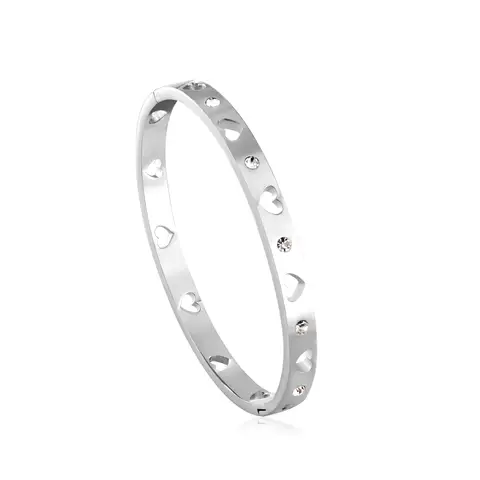 Silver Tone Stainless Steel Cuff Bangle, Minimalist Bangle with CZ Stone Inlays, Tarnish-Resistant Daily Jewelry
