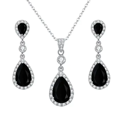 Ever Faith Black Cubic Zirconia Infinity Teardrop Pendant Necklace and Dangle Earrings Set