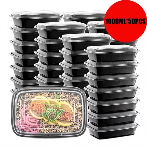 Wiederverwendbare Mahlzeit-Box mit Deckel, 1 l, schwarz, rechteckig, 50er-Set