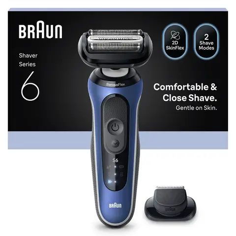 Braun Series 6 62-B1200s Wet & Dry Electric Shaver for Men, Up to 60 min, Precision Trimmer Attachment, Cordless, Waterproof, Blue
