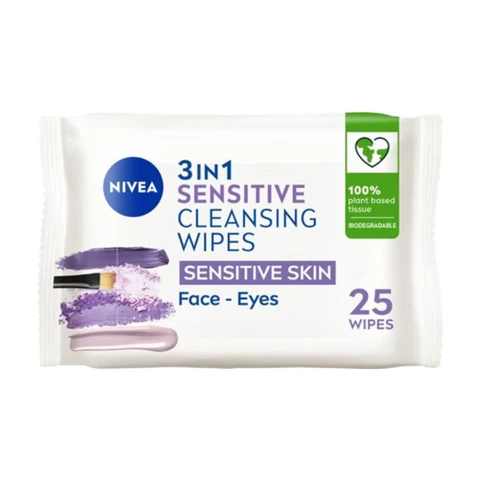 NIVEA 3 In 1 Sensitive Cleansing Wipes Plant-Based Makeup Remover 25 Wipes