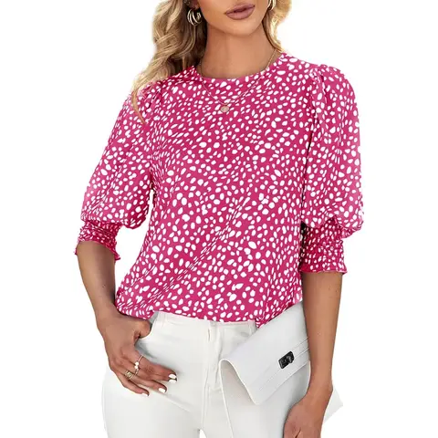 Women's Polka Dot 3/4 Sleeve Blouse Tops Ladies Casual Office Work Crew Neck T-Shirt (Pink， M)