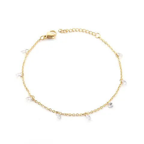 Cubic Zirconia Station Bracelet, 18K PVD Gold Plated Stainless Steel, 4mm Charms