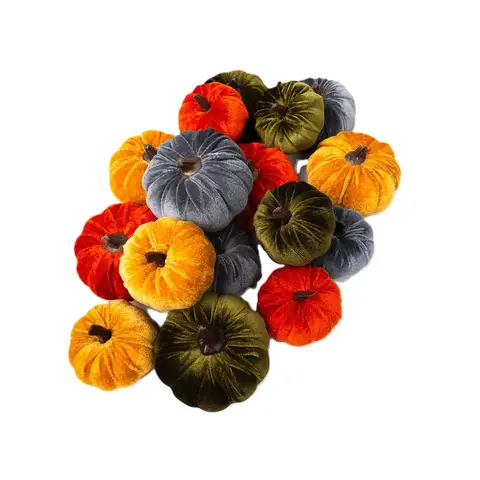 Marrybox Fall Decorative Pumpkins Plush Velvet Effect Rust/Oche/Green 12pcs