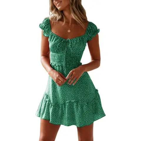 Women's Summer Ruffle Sleeve SWEETHEART Neckline Printing Dress Mini Dresses (green， S)