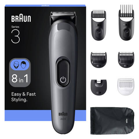 Braun All-in-One Series 3, 8in1 Grooming Kit, Sharp Blade, 14 Lengths, AIO3540, Grey