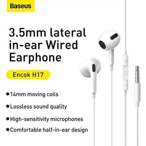 Baseus H17 Encok Lateral In-Ear Wired Earphone - 3.5mm - White