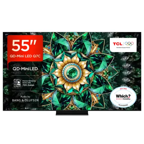 TCL 55Q7C-UK 55” QD-Mini LED TV, 4K UHD, Smart Google TV with 144Hz Motion Clarity Pro, Dolby Atmos, Audio by Bang & Olufsen, Game Master