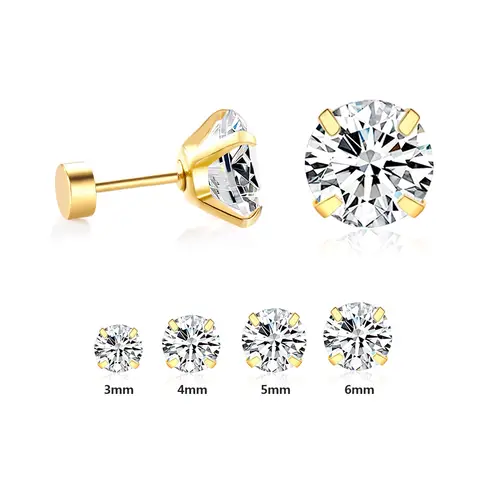 Classic Silver Tone 4-Prong Round CZ Screw Back Earrings, Hypoallergenic Stainless Steel Studs